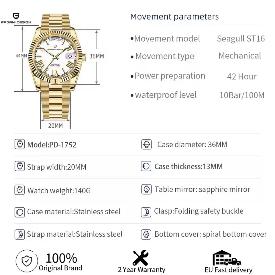 PAGANI DESIGN New Week Calendar Type Man watch ST16 Movt Waterproof Mechanical Watch 316L All Steel Luxury Luminous Men watch