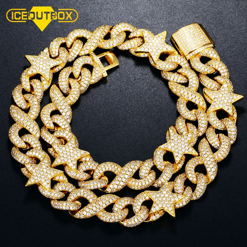ICEOUTBOX 15mm Star Infinity symbol Miami Box Clasp Link Chain Bling Cubic Zircon Necklace Choker For Men's Hip Hop Jewelry Gift