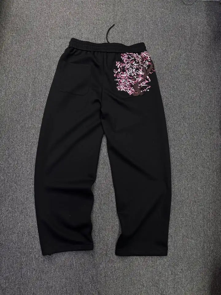 Oversized Sakura Cherry Blossom Tree Hoodie Pants Set Gray Tracksuit with Japanese Floral Design Trendy Y2K Streetwear Fashion