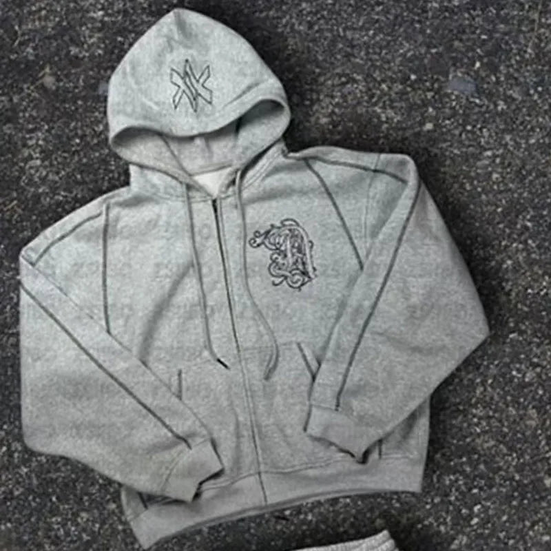 American Y2K Casual Zipper Hoodie Sweatpant Two Piece Set HipHop Oversized Printed Sweatshirts Tracksuits Men Women Casual Pants