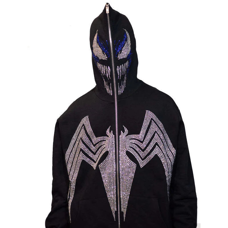 Couple's Street Hip Hop Skull Rhinestone Print Full Zip Hoodie Halloween Y2K Jacket Sweater Top Coat Hoodie