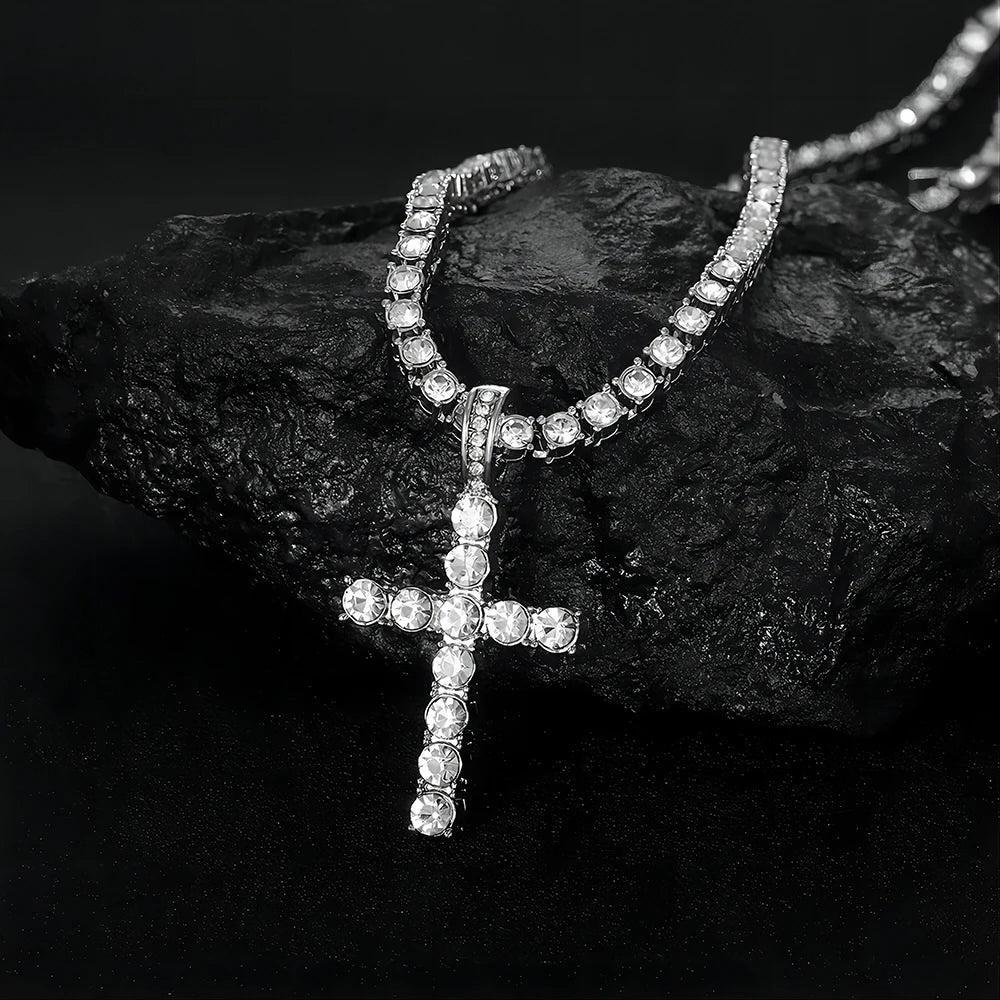 Men Women Hip Hop Cross Pendant Necklace With 4mm Zircon Tennis Chain Iced Out Exquisite Bling Jewelry Fashion Trendy Creative