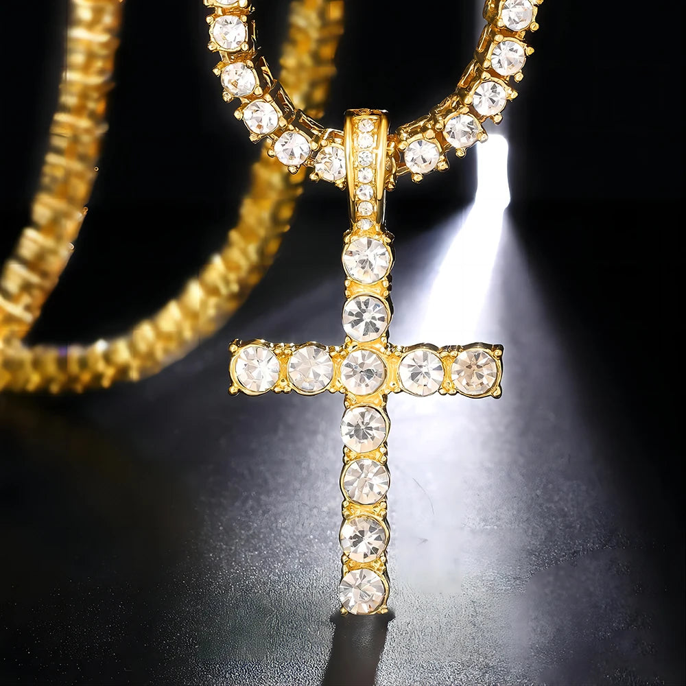 Men Women Hip Hop Cross Pendant Necklace With 4mm Zircon Tennis Chain Iced Out Exquisite Bling Jewelry Fashion Trendy Creative
