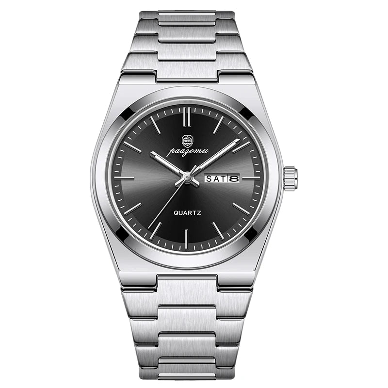 PAAZOMU 2026 New Sleek Silver Stainless Steel Quartz Watch with Striking Blue Sunburst Dial, Day-Date Window, and Luminous Hands