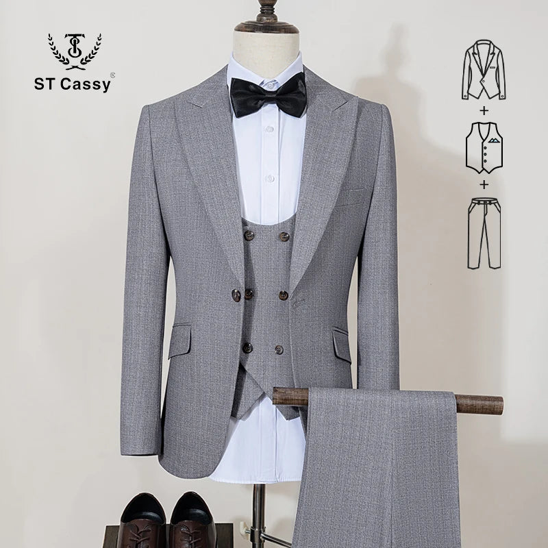 ST Cassy high quality full men's suits 3 pieces luxury Elegant Slim Fit Male Groom Wedding Party Dress Business Office costume