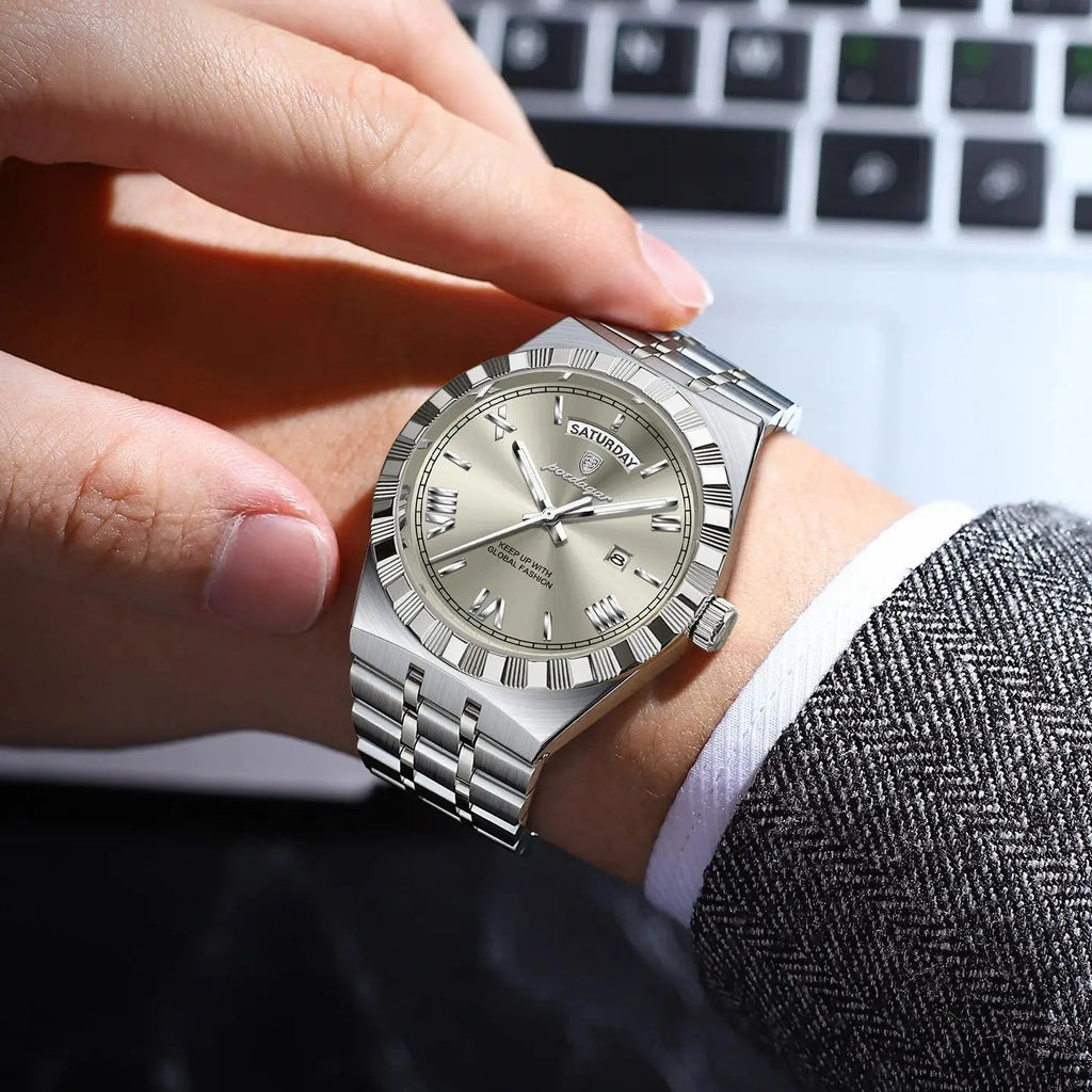 POEDAGAR Luxury Fashion Man Wristwatch Week Date Waterproof Luminous Men's Clock Stainless Steel Quartz Business Watches For Men