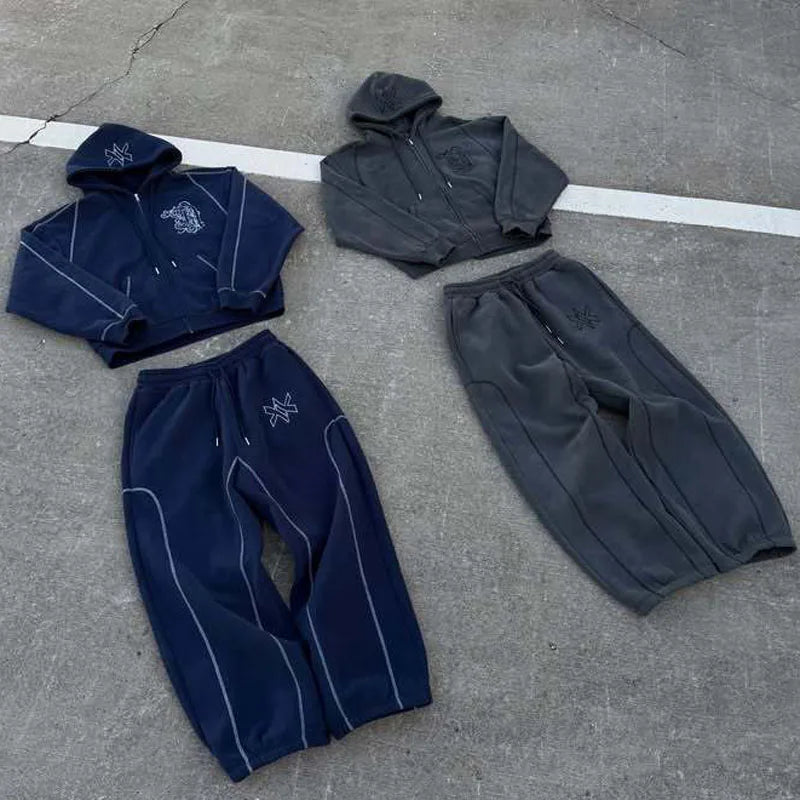 American Y2K Casual Zipper Hoodie Sweatpant Two Piece Set HipHop Oversized Printed Sweatshirts Tracksuits Men Women Casual Pants