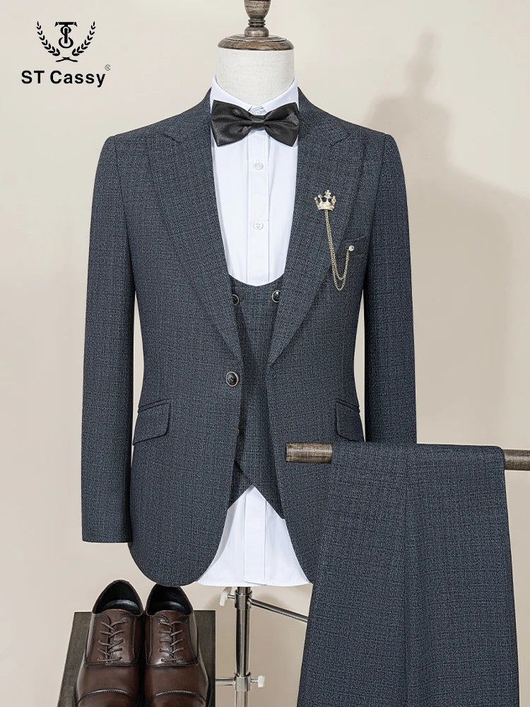 ST Cassy high quality full men's suits 3 pieces luxury Elegant Slim Fit Male Groom Wedding Party Dress Business Office costume
