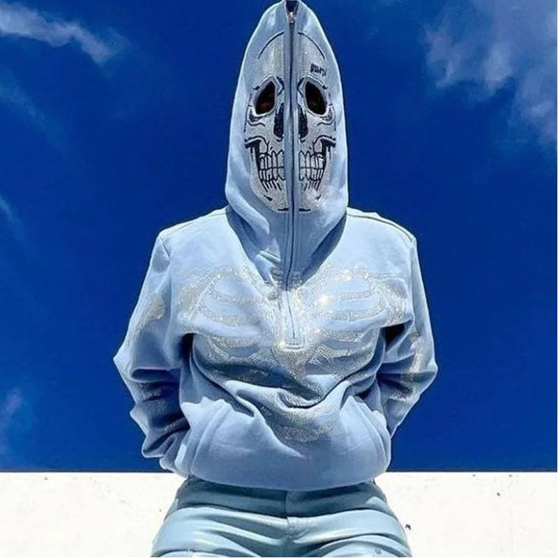 Couple's Street Hip Hop Skull Rhinestone Print Full Zip Hoodie Halloween Y2K Jacket Sweater Top Coat Hoodie