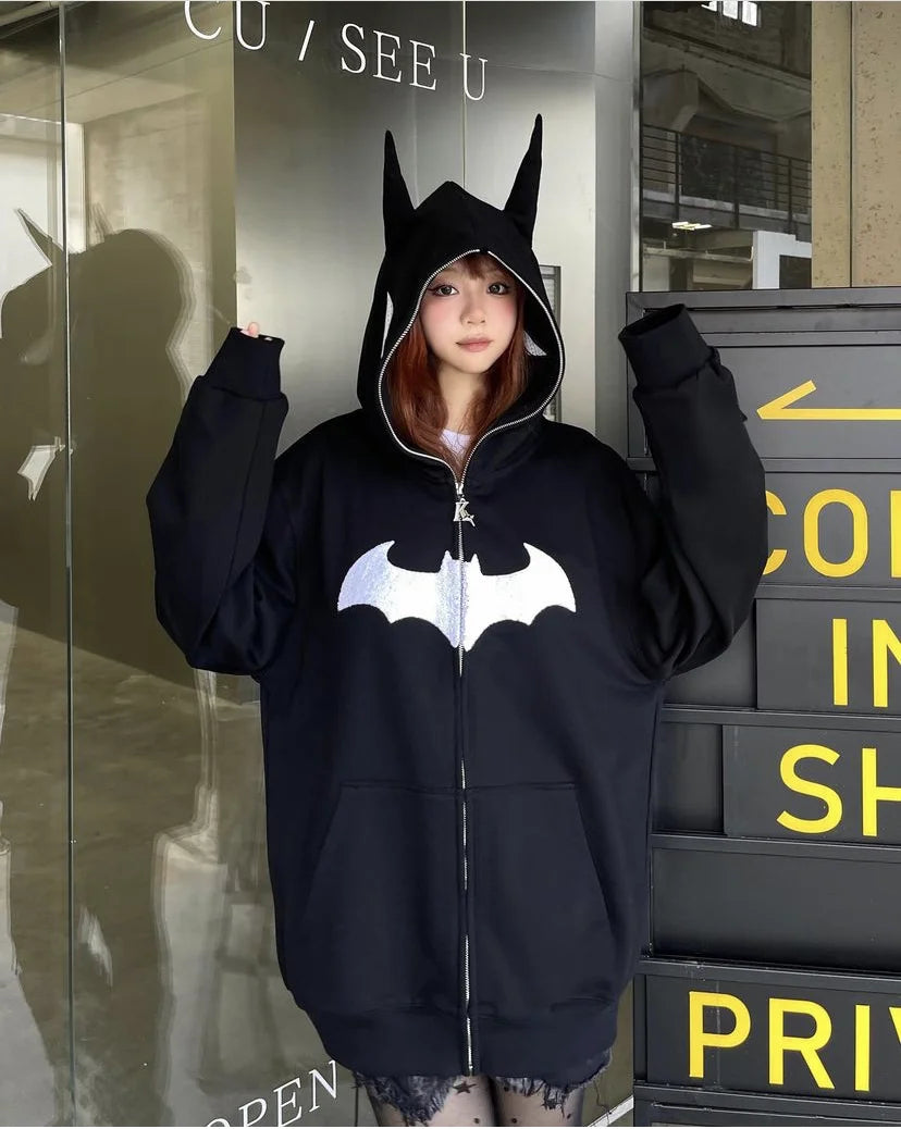 European and American Goths Dark Bat Print Hooded Cardigan Full Chain Loose Male and Female Trendy Brand Sweater Coat
