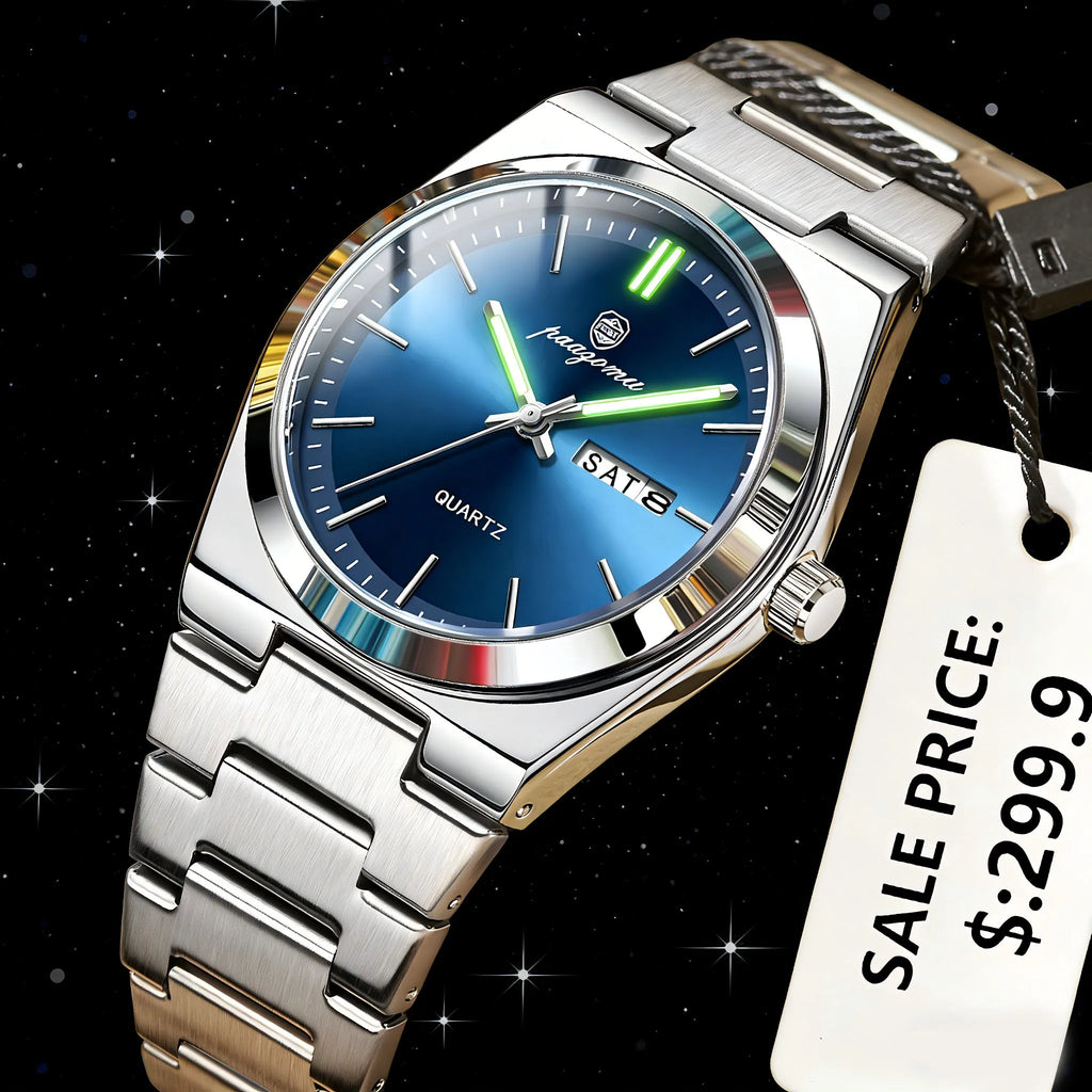 PAAZOMU 2026 New Sleek Silver Stainless Steel Quartz Watch with Striking Blue Sunburst Dial, Day-Date Window, and Luminous Hands