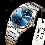 PAAZOMU 2026 New Sleek Silver Stainless Steel Quartz Watch with Striking Blue Sunburst Dial, Day-Date Window, and Luminous Hands
