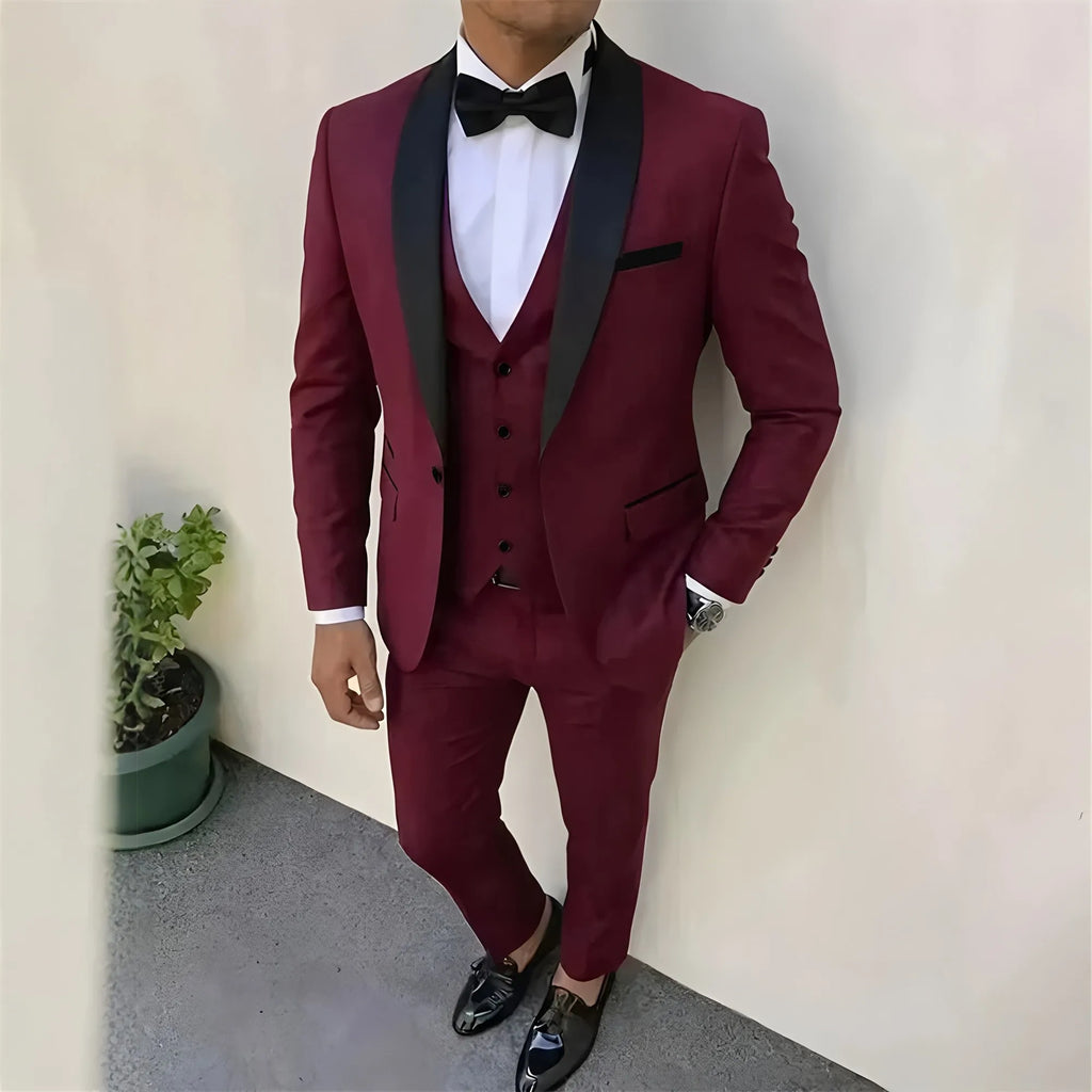 3pcs Men'S Slim Fit Groomsmen Suit | Purple Jacket, Vest, Pants with Non-Stretch Fabric and Color Block Pattern