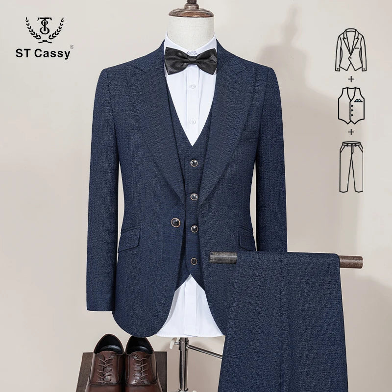 ST Cassy high quality full men's suits 3 pieces luxury Elegant Slim Fit Male Groom Wedding Party Dress Business Office costume