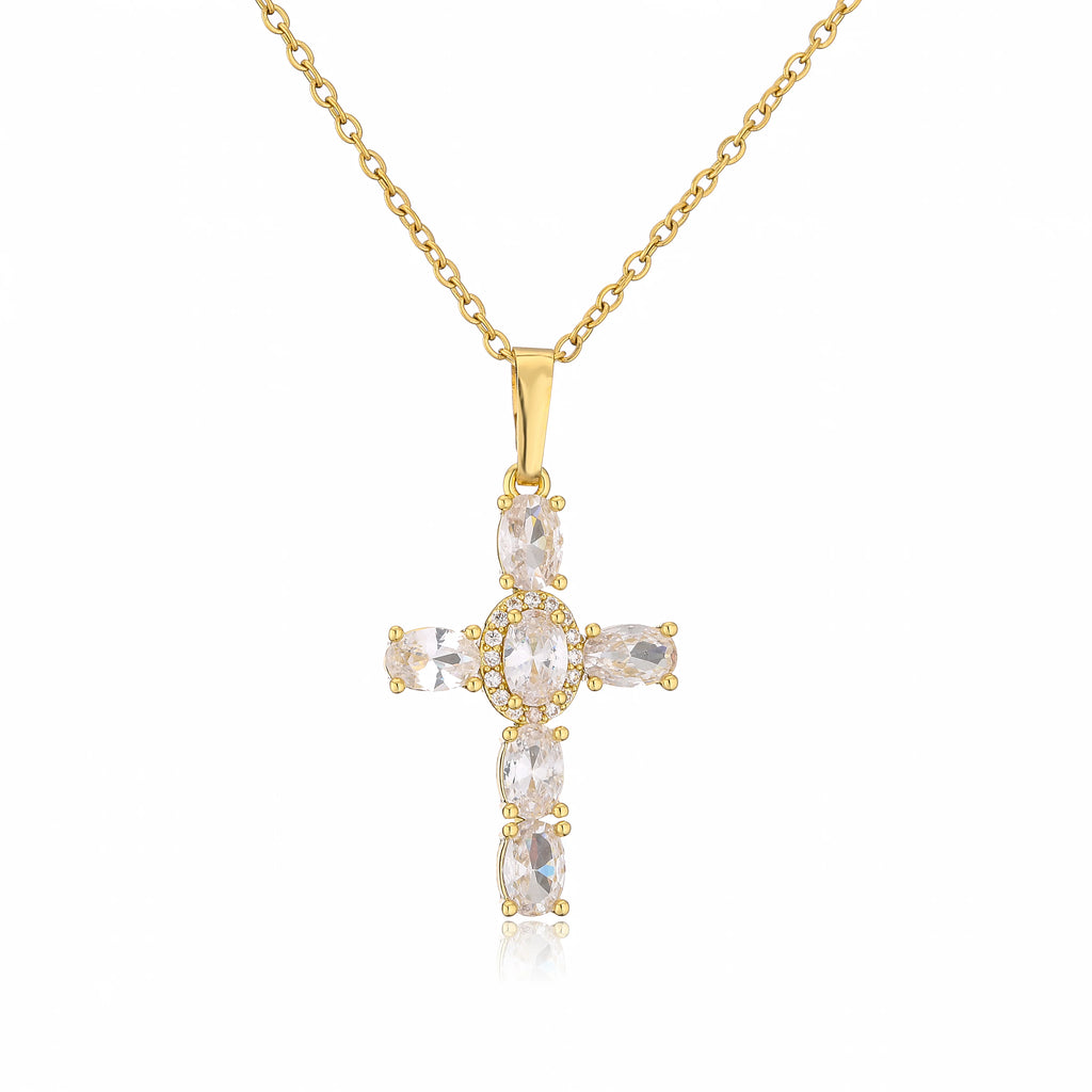 HECHENG,High Quality Crystal Shiny Zirconia Cubic Zircon Necklace Pendant Cross Jesus Christ Gold Colour Jewelry Gift for Women