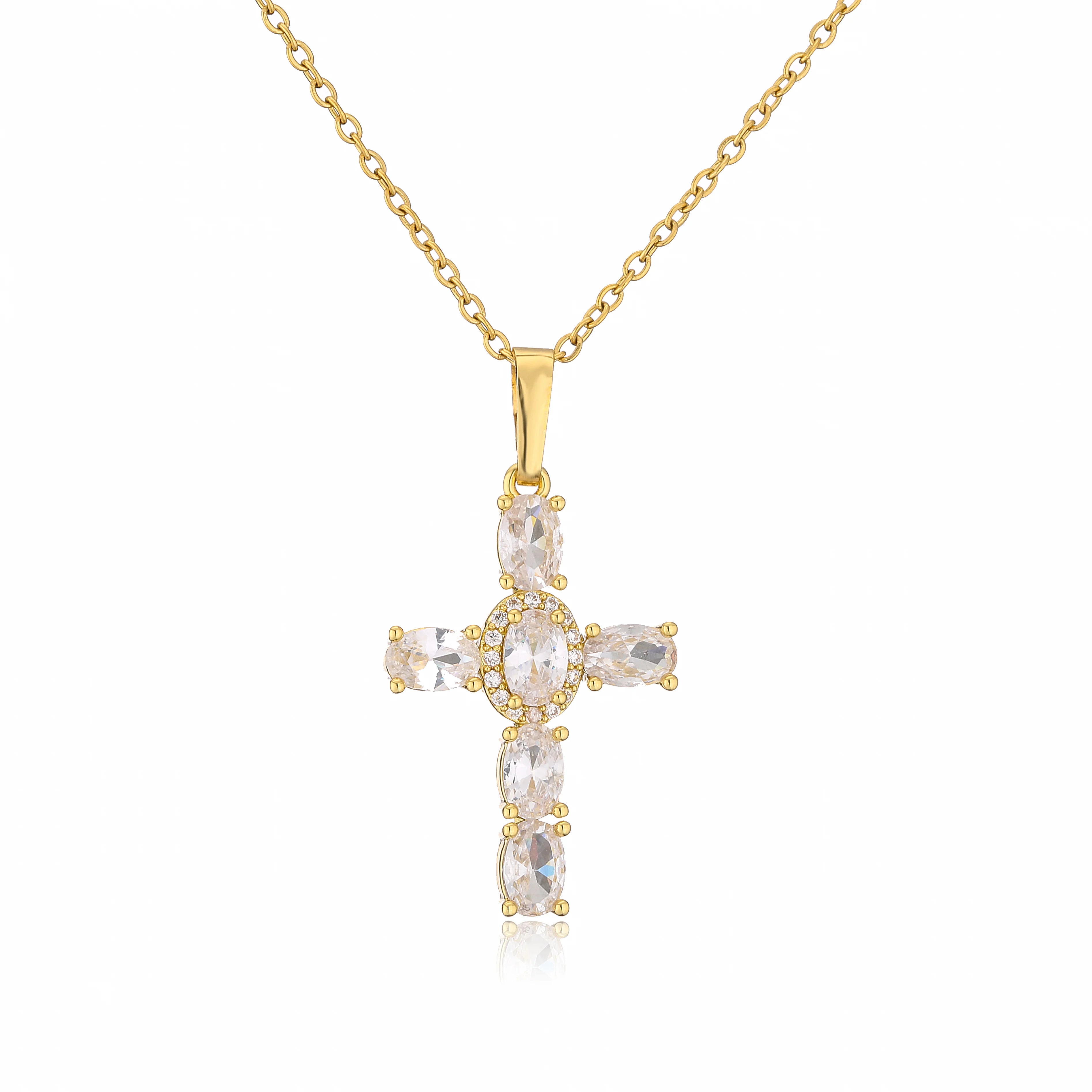 HECHENG,High Quality Crystal Shiny Zirconia Cubic Zircon Necklace Pendant Cross Jesus Christ Gold Colour Jewelry Gift for Women