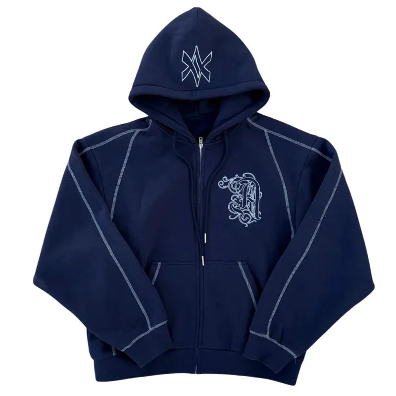 American Y2K Casual Zipper Hoodie Sweatpant Two Piece Set HipHop Oversized Printed Sweatshirts Tracksuits Men Women Casual Pants