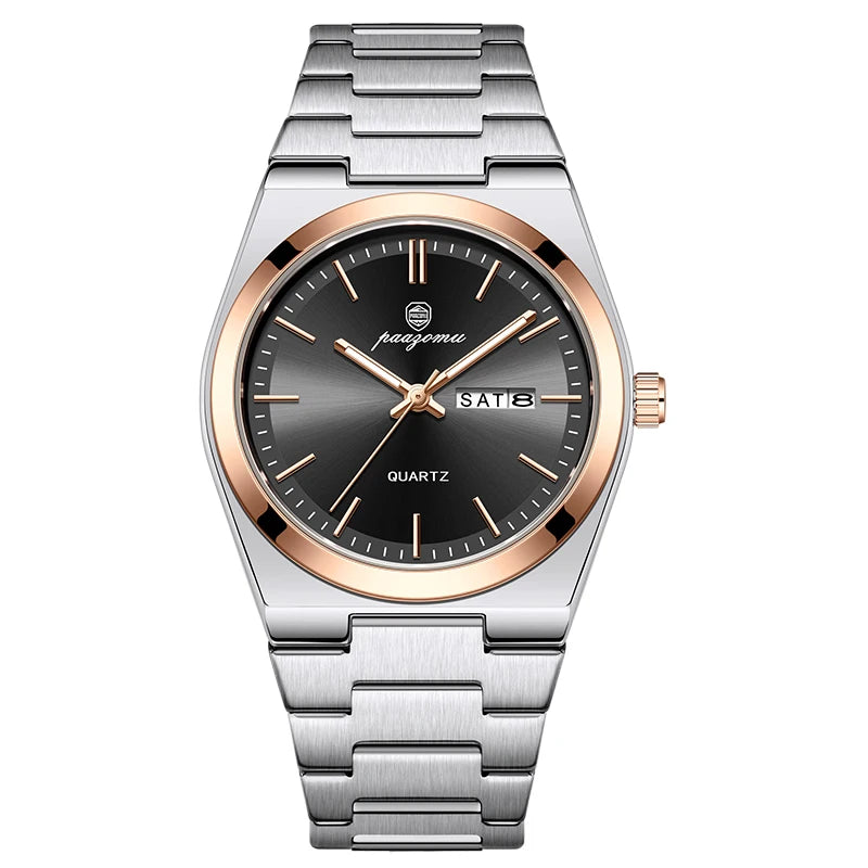 PAAZOMU 2026 New Sleek Silver Stainless Steel Quartz Watch with Striking Blue Sunburst Dial, Day-Date Window, and Luminous Hands