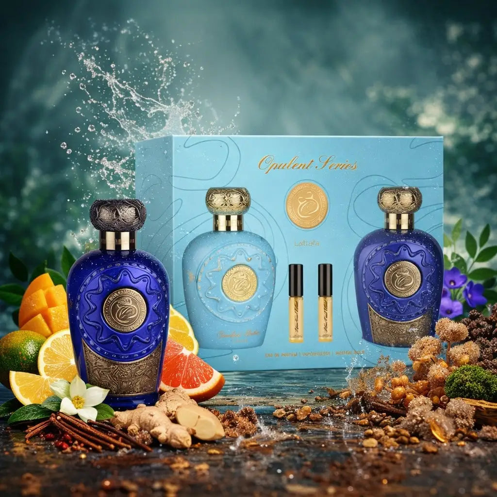 LATTAFA gift box OPULENT DUBAI ML & BLUE OUD ELIXIR 100ML unisex ORIENTAL fruity wooded fruity perfume