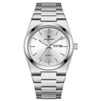 PAAZOMU 2026 New Sleek Silver Stainless Steel Quartz Watch with Striking Blue Sunburst Dial, Day-Date Window, and Luminous Hands