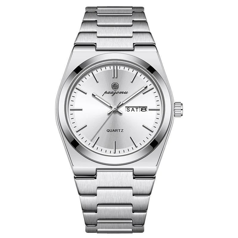 PAAZOMU 2026 New Sleek Silver Stainless Steel Quartz Watch with Striking Blue Sunburst Dial, Day-Date Window, and Luminous Hands