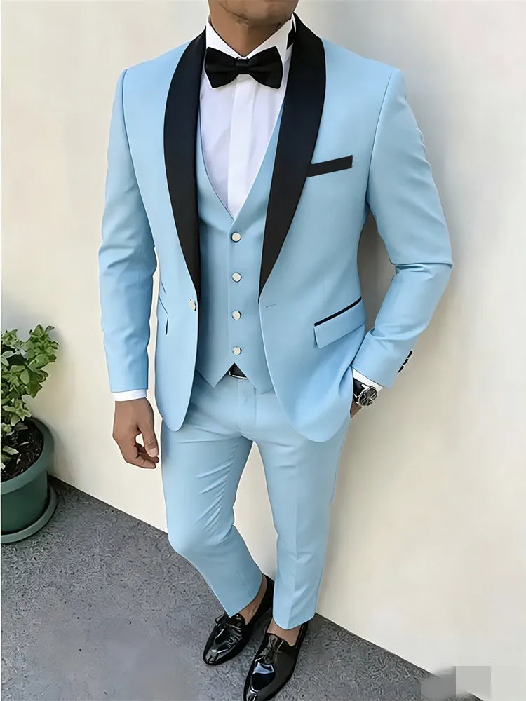 3pcs Men'S Slim Fit Groomsmen Suit | Purple Jacket, Vest, Pants with Non-Stretch Fabric and Color Block Pattern