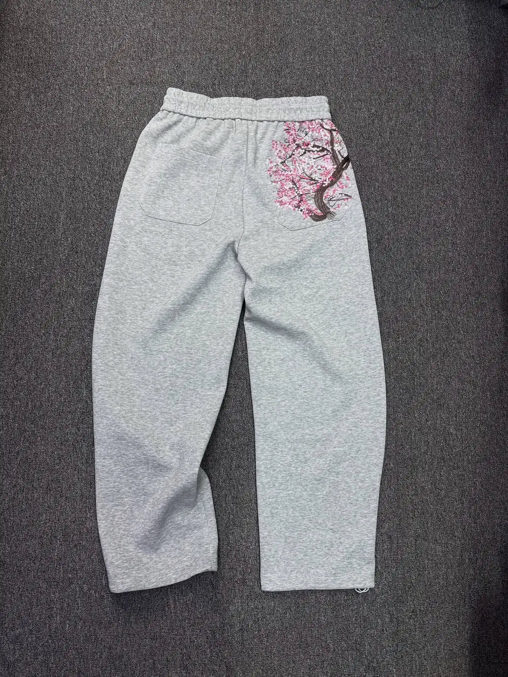 Oversized Sakura Cherry Blossom Tree Hoodie Pants Set Gray Tracksuit with Japanese Floral Design Trendy Y2K Streetwear Fashion