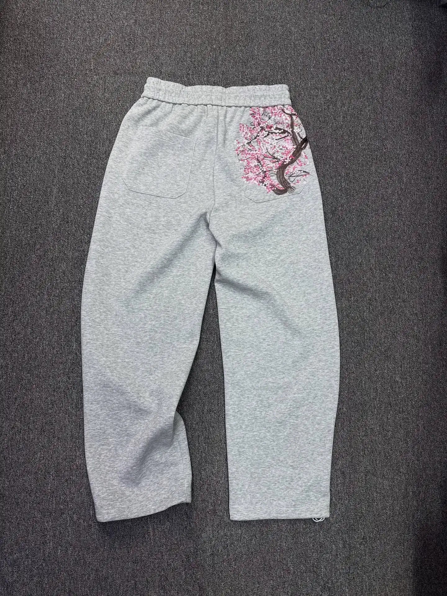 Oversized Sakura Cherry Blossom Tree Hoodie Pants Set Gray Tracksuit with Japanese Floral Design Trendy Y2K Streetwear Fashion