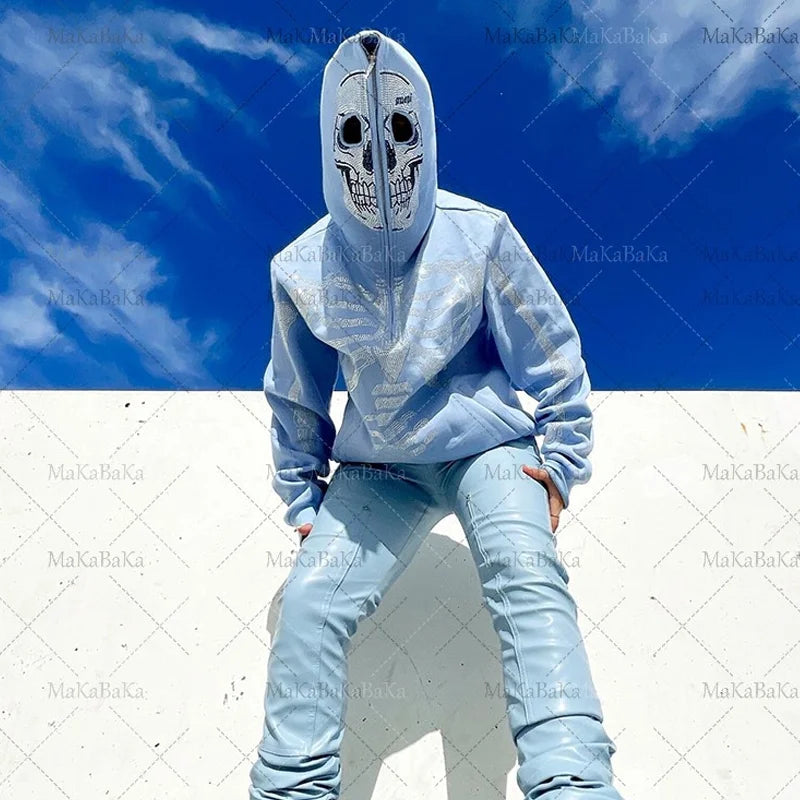 Couple's Street Hip Hop Skull Rhinestone Print Full Zip Hoodie Halloween Y2K Jacket Sweater Top Coat Hoodie
