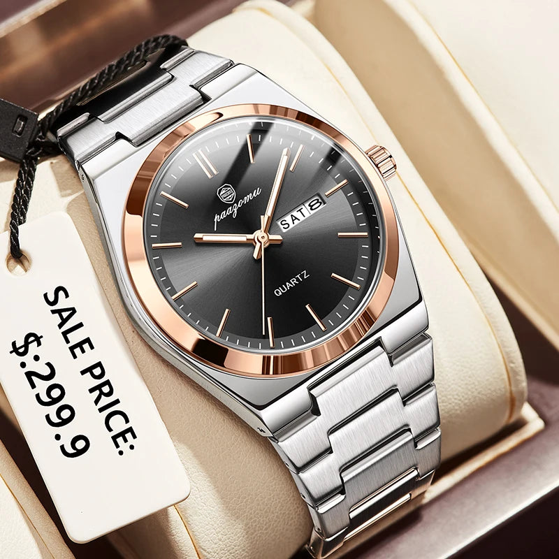 PAAZOMU 2026 New Sleek Silver Stainless Steel Quartz Watch with Striking Blue Sunburst Dial, Day-Date Window, and Luminous Hands