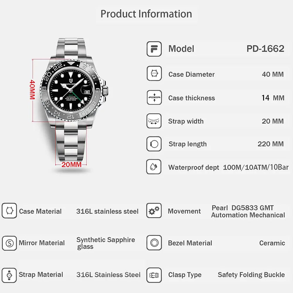 2026 New PAGANI DESIGN Luxurys Men Mechanical Watch Stainless Steel GMT Man Watch Top Brand Sapphire Glass Watch for Men PD-1662