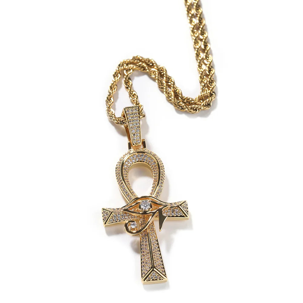 Shining Iced Out Ancient Egyptian God Eye of Horus Cross Pendant Necklace for Men and Women Hip Hop Trendy Amulet Jewelry Gift