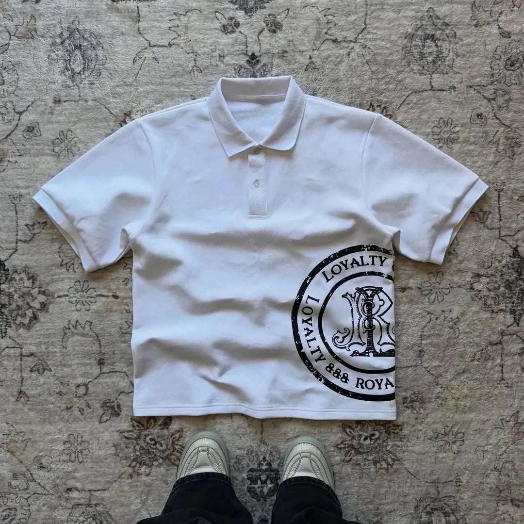 Men's Summer Retro American-style Trendy Men's Short-sleeved Polo Shirt with Letter Print Dark Street Style Outfit