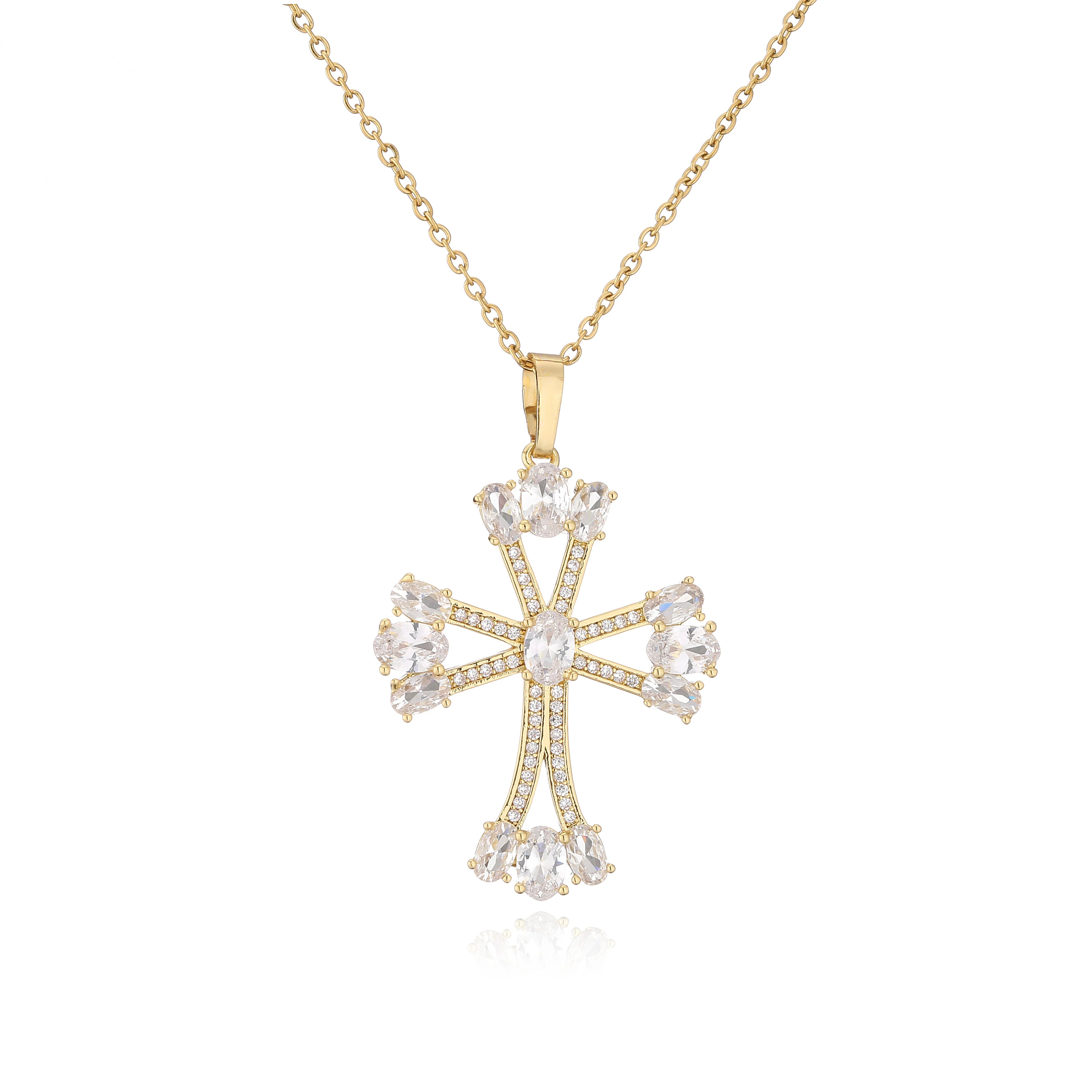 HECHENG,High Quality Crystal Shiny Zirconia Cubic Zircon Necklace Pendant Cross Jesus Christ Gold Colour Jewelry Gift for Women