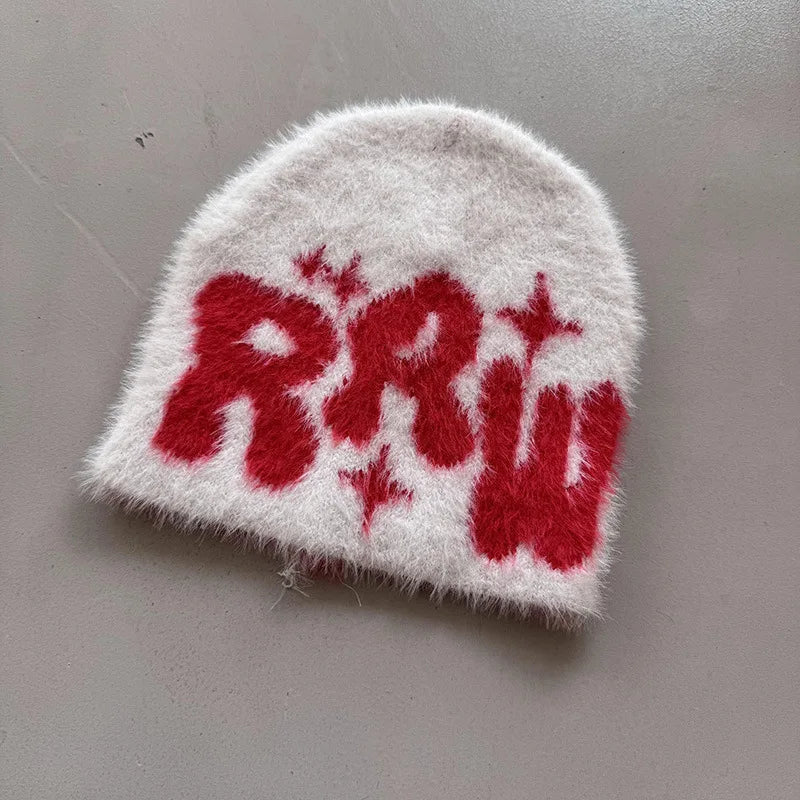 New Ins Popular Unisex Autumn Funny Hat Mink Fur Winter Women's Cap With Letter Beanies Hat Men Warm Soft Skullies Bonnets Gift