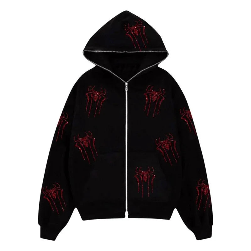 Y2k Spider Rhinestone Print Hoodies Women Clothes Couples Tops Sweatshirt Goth Streetwear Tracksuit Clothing Oversized Hoodie