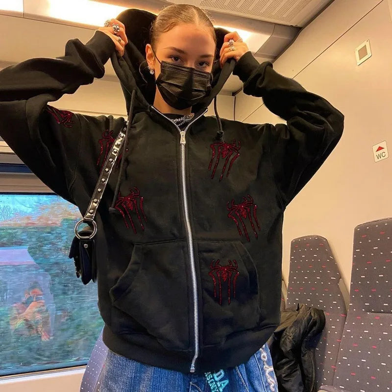 Y2k Spider Rhinestone Print Hoodies Women Clothes Couples Tops Sweatshirt Goth Streetwear Tracksuit Clothing Oversized Hoodie