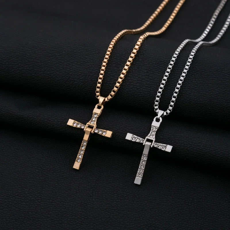 Men's Punk Rock Double Cross Necklace, Titanium Steel Dragon Bone Chain with Zircon, Vintage Gothic Biker Jewelry Gift for Him