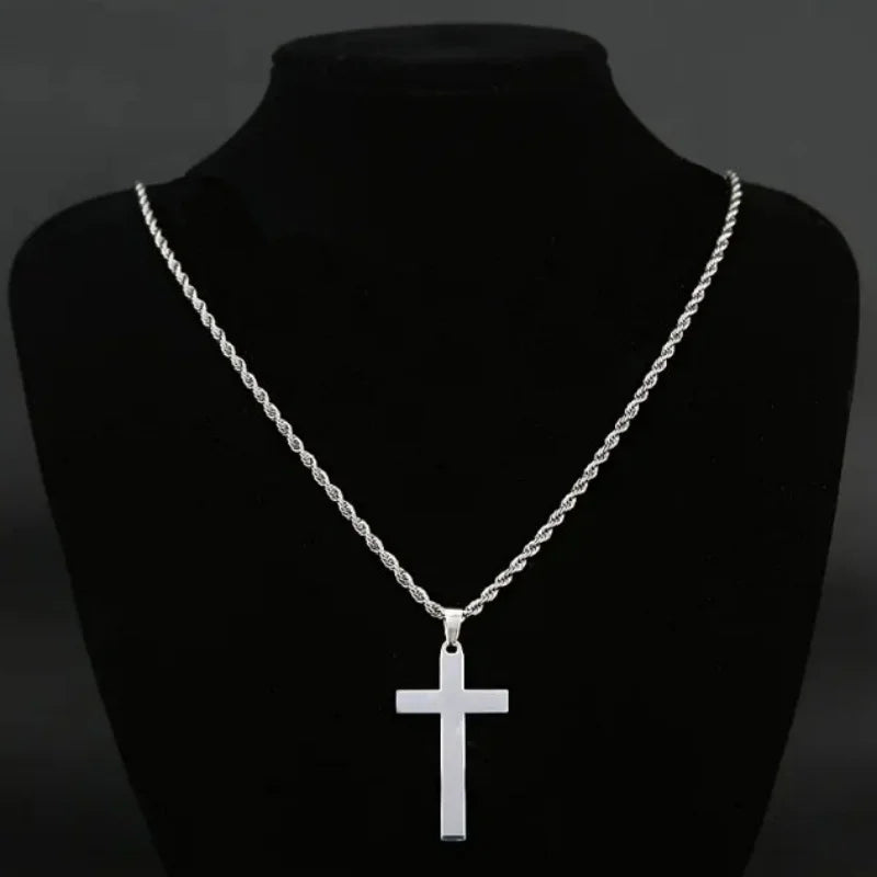 Men's Punk Rock Double Cross Necklace, Titanium Steel Dragon Bone Chain with Zircon, Vintage Gothic Biker Jewelry Gift for Him