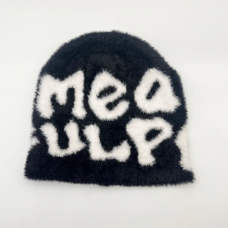 New Ins Popular Unisex Autumn Funny Hat Mink Fur Winter Women's Cap With Letter Beanies Hat Men Warm Soft Skullies Bonnets Gift