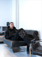 European Street Style Four-Leaf Clover Men's Oversized Activewear Set, Unisex Fit Zip-Up Hoodie Multi-Color Trendy Two-Piece Set