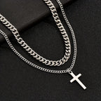 Men's Punk Rock Double Cross Necklace, Titanium Steel Dragon Bone Chain with Zircon, Vintage Gothic Biker Jewelry Gift for Him