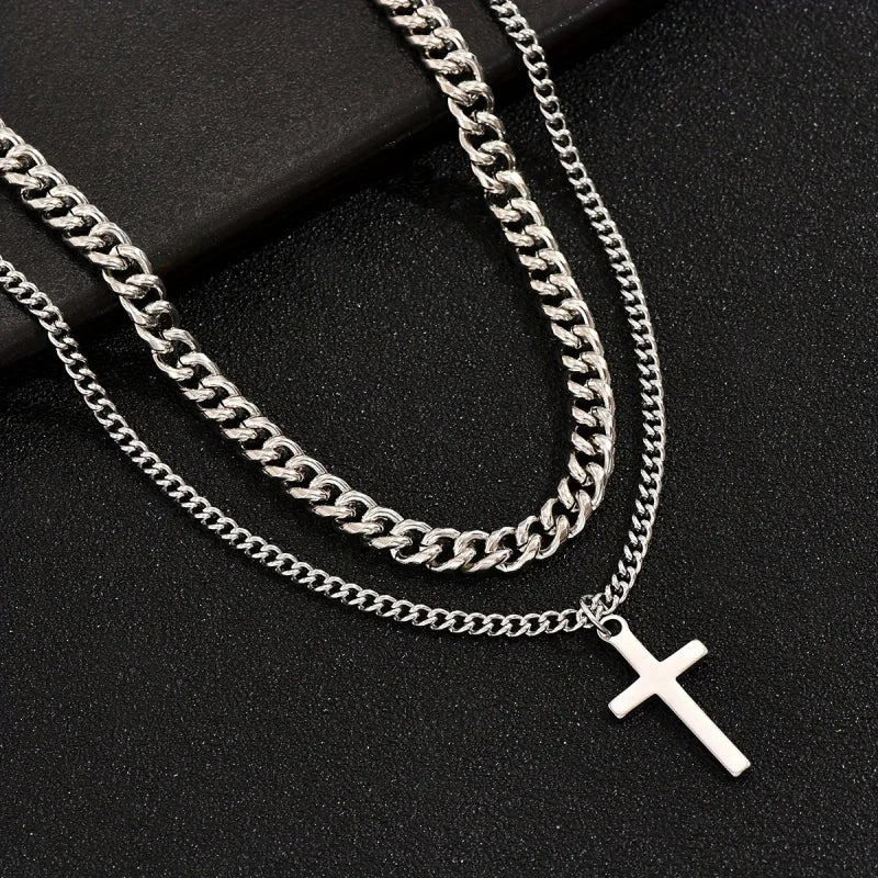 Men's Punk Rock Double Cross Necklace, Titanium Steel Dragon Bone Chain with Zircon, Vintage Gothic Biker Jewelry Gift for Him