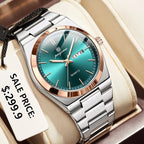 PAAZOMU 2026 New Sleek Silver Stainless Steel Quartz Watch with Striking Blue Sunburst Dial, Day-Date Window, and Luminous Hands