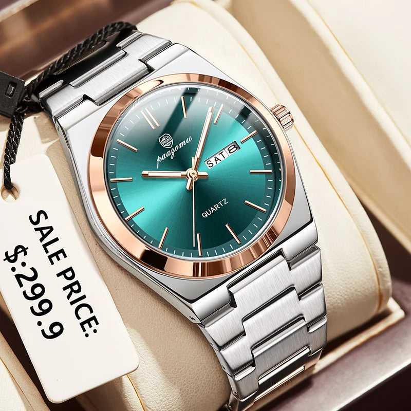 PAAZOMU 2026 New Sleek Silver Stainless Steel Quartz Watch with Striking Blue Sunburst Dial, Day-Date Window, and Luminous Hands