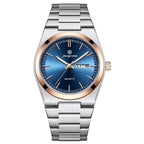 PAAZOMU 2026 New Sleek Silver Stainless Steel Quartz Watch with Striking Blue Sunburst Dial, Day-Date Window, and Luminous Hands