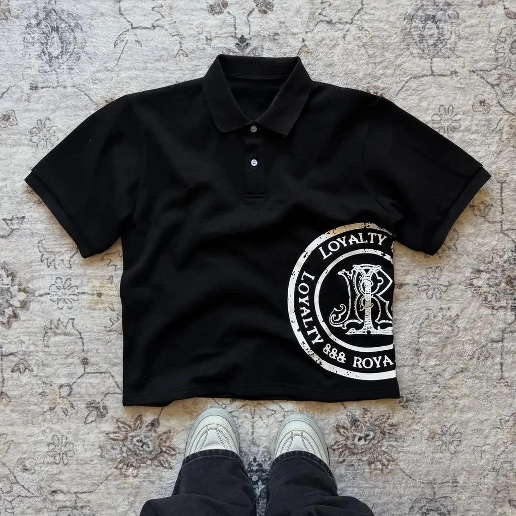 Men's Summer Retro American-style Trendy Men's Short-sleeved Polo Shirt with Letter Print Dark Street Style Outfit