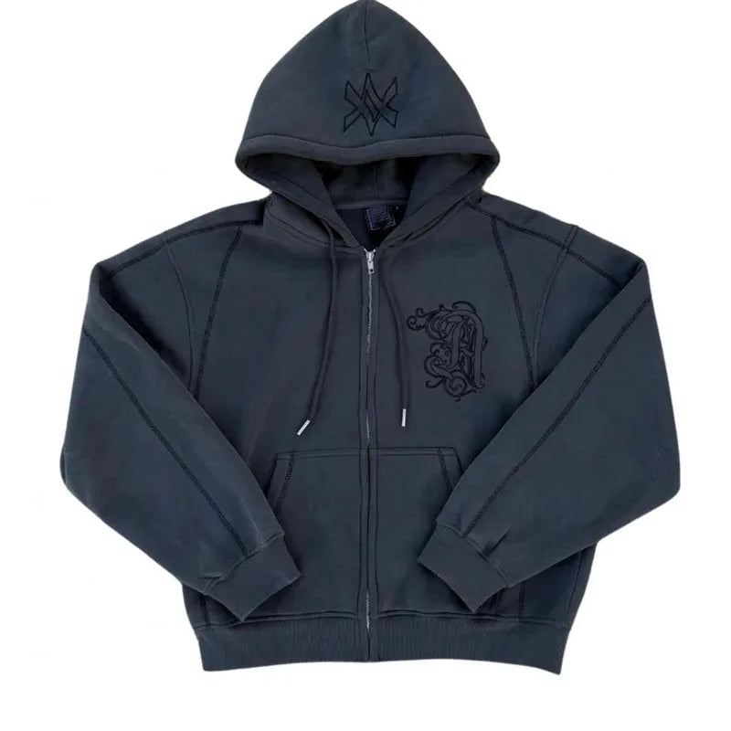 American Y2K Casual Zipper Hoodie Sweatpant Two Piece Set HipHop Oversized Printed Sweatshirts Tracksuits Men Women Casual Pants