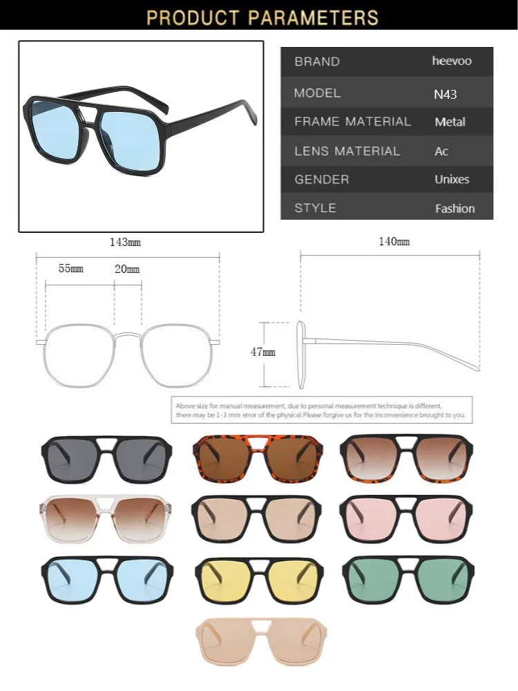 Fashion Square Sunglasses Women Vintage Frame Female Double Beam Sun Glasses Ocean Gradient Retro Designer Outdoor Oculos De Sol