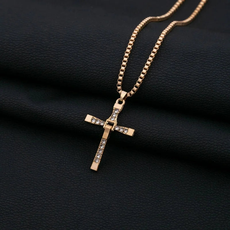 Men's Punk Rock Double Cross Necklace, Titanium Steel Dragon Bone Chain with Zircon, Vintage Gothic Biker Jewelry Gift for Him